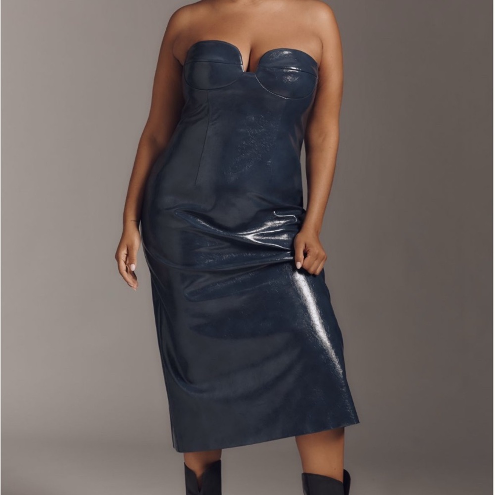 Strapless Faux Leather Blue Dress - Picture 3 of 5